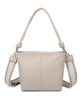 Velora PU Leather Shoulder Hobo Bag with Braided & Canvas Strap - Light Beige - Size: One Size - Fontanella Fashion - FashionsVida