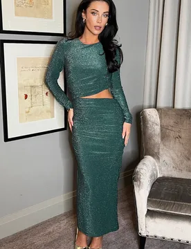 Women's Teal Sparkle Long Sleeve Cut Out Ruched Bodycon Midi Dress Size: 12 - Teal - Size: 12 - AX Paris - FashionsVida