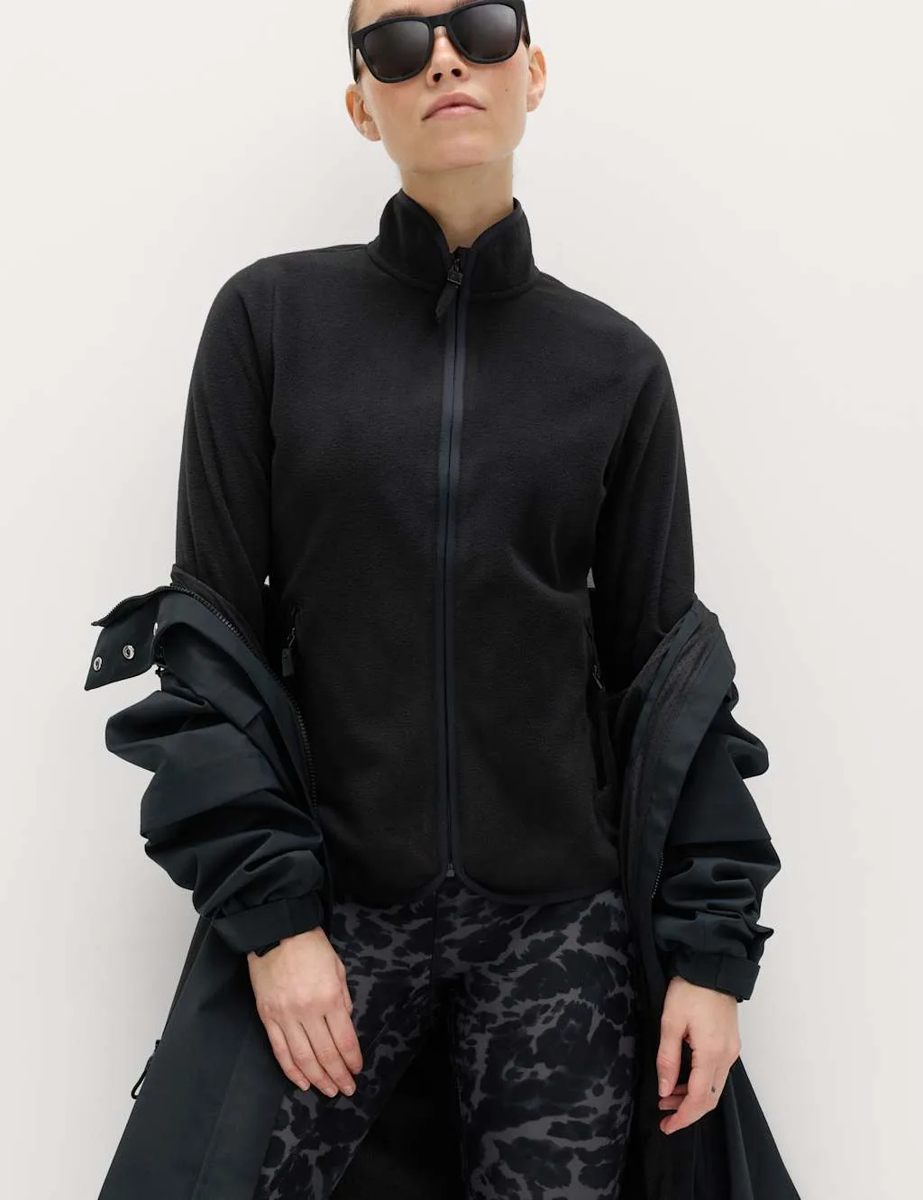 Funnel Neck Zip Up Fitted Fleece Jacket Black female - Goodmove - FashionsVida