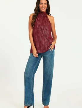Women's Gold Stripe Foil Halter Neck Tie Back Top In Wine Size: Small - Wine - Size: S - FS Collection - FashionsVida