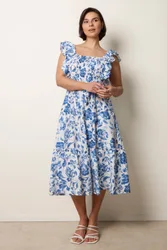 Women's White Frill Sleeveless Dress With Floral Print Size: Medium - White - Size: M