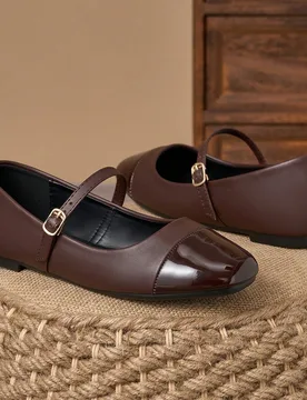 Zapatos planos Mary Jane de mujer con punta cuadrada, vamp bajo, patchwork, color albaricoque, para otoño, uso casual al aire libre, tacto premium, v - Shein - FashionsVida