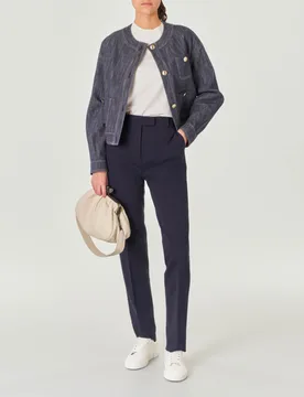 Giacca blu in stuoia di cotone e lino effetto denim senza collo e con bottoni dorati - Max Mara - FashionsVida