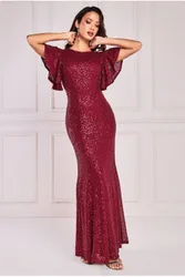 Women's Sequin Flutter Sleeve Maxi in Wine Size: 12 - Wine - Size: 12