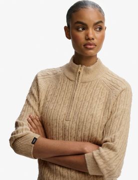 Superdry Damen Gebürsteter Henley-pullover mit Zopfmuster Beige - Größe: 36
