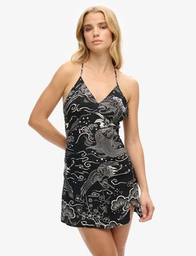 Superdry Damen Mini-trägerkleid mit Print Schwarz - Größe: 44
