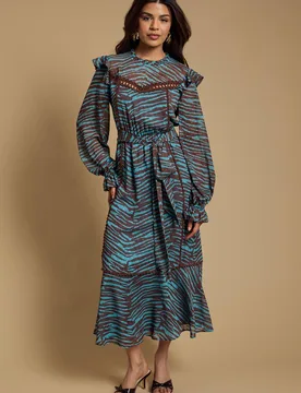 Women's Petite Printed Dobby Chiffon Belted Waist Midi Dress in Duck Egg Size: 8 - Duck Egg - Size: 8 - OASIS - FashionsVida