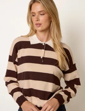 Striped Long Sleeve Jumper - M/L / CHOCOLATE/BEIGE - female - Blue Vanilla - FashionsVida