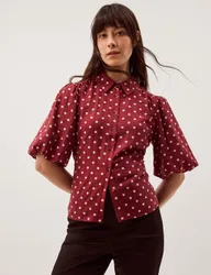 Polka Dot Collared Puff Sleeve Shirt Berry female