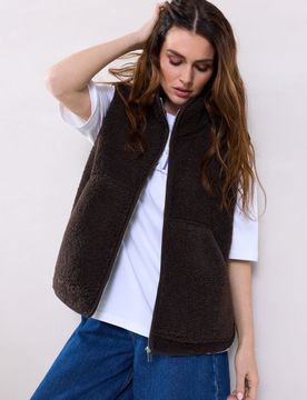 Gilet teddy con collo alto e chiusura con zip - marrone scuro