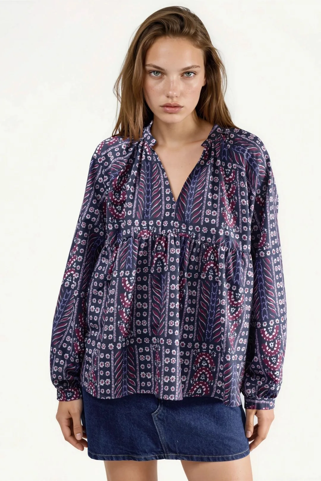 Womens Balloon Sleeve Patterned Blouse - Purple - Size Medium - Hiccup - FashionsVida