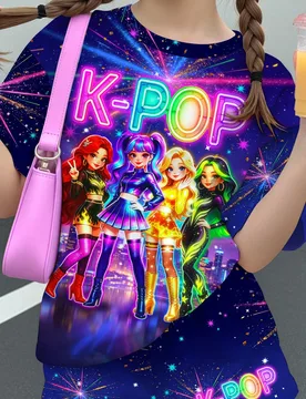 Conjunto de dos piezas de manga corta y pantalones cortos con estampado de grupo de chicas de dibujos animados, superestrellas de K-Pop, teñido anuda - Shein - FashionsVida