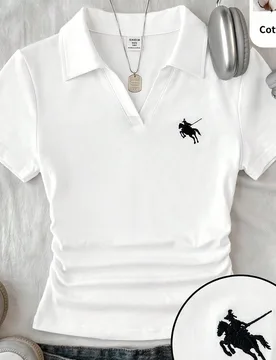 Camiseta corta casual de verano con cuello en V, manga corta y fruncido para niña preadolescente - Shein - FashionsVida