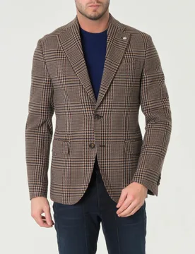 Blazer monopetto marrone e noce slim-fit in Principe di Galles di lana e cotone - MANUEL RITZ - FashionsVida