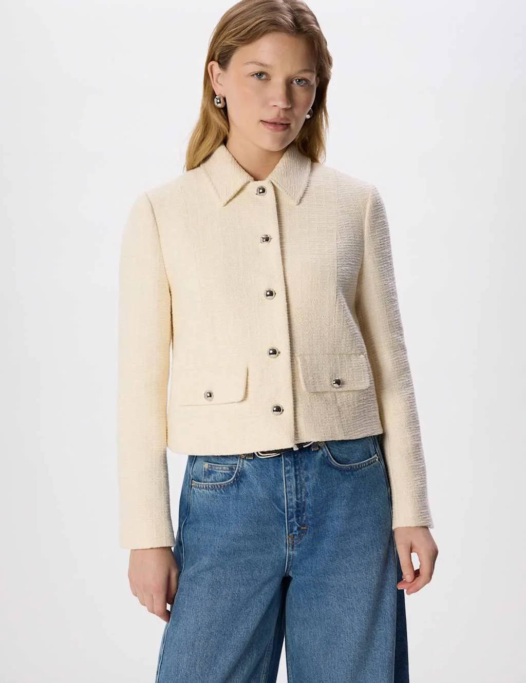 Cotton Blend Boucle Textured Cropped Jacket Ivory female - Whistles - FashionsVida
