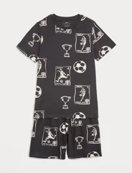 Pure Cotton Football Print Short Pyjamas (1-16 Yrs) Charcoal male