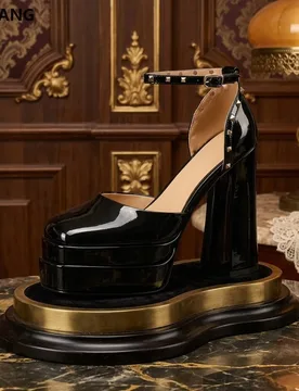 GMKANG Women's Black Patent Leather Platform Sandals Square Toe High Heel Hollow Rivet Buckle Summer Beach Party Dress Shoes - Aliexpress - FashionsVida