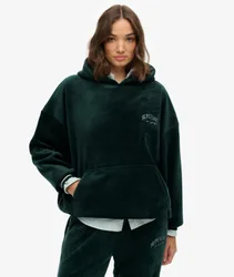 Superdry Damen Gesticktes Logo Country Club Velour Relaxed Kapuzenpullover, Dunkelgrün - Größe: 44