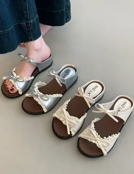 Womens Lace Bow Flat Slide Sandals Sweet Metallic Leather Open Toe Slip on Mules Soft Sole Beach Casual Slippers Female Footwear - Aliexpress - FashionsVida