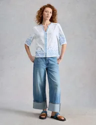 Pure Cotton Embroidered Notch Neck Top White Mix female