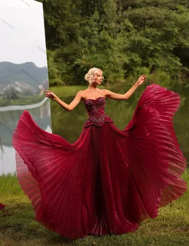Burgundy Crystals A Line Prom Dress Sexy Strapless Sleeveless Bridal Evening Gown Customized Lace Up Back Church Long Robe - Aliexpress - FashionsVida