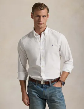 Camicia bianca custom-fit Polo in seersucker di puro cotone con colletto button-down - Ralph Lauren - FashionsVida