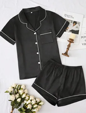 Set de 2 piezas de pijama de seda sintética con diseño de cuello vuelto y pespunte en los bordes, ropa de otoño e invierno cómoda y elegante - Shein - FashionsVida