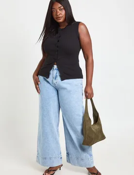 Womens Plus Deep Hem Cuff Wide Leg Jean - Blue Cotton - Size 16 Uk - Boohoo - FashionsVida