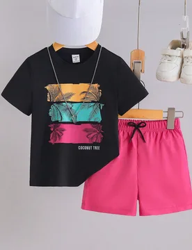 Set de 2 piezas formado por camiseta de manga corta con cuello redondo y estampado de árboles de coco, talla grande pantalones cortos, para niños de - Shein - FashionsVida