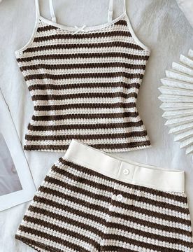 Conjunto casual diario de top de tirantes con lazo a rayas & shorts para niña preadolescente