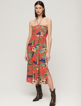 Superdry Damen Gesmoktes Midi-strandkleid Rot - Größe: 44