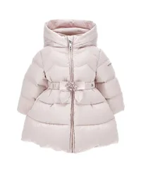 Maxi piumino rosa cipria con cappuccio e cintura con fiocco