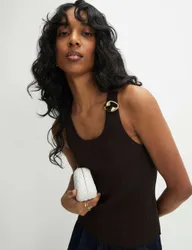 Metallic Scoop Neck Fitted Knitted Vest Chocolate female