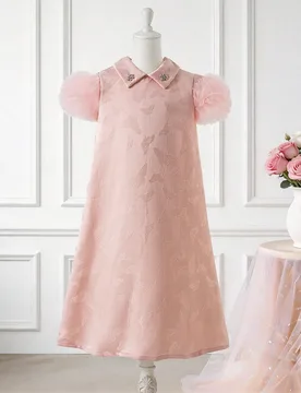 Vestido de tela de jacquard con mariposas, manga abullonada de malla de contraste para niña preadolescente - Shein - FashionsVida