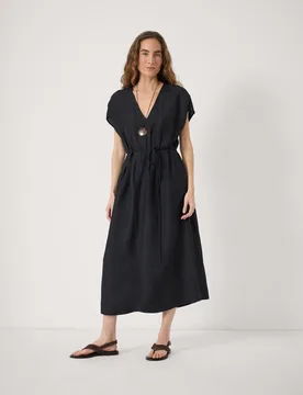 Linen Blend V-Neck Midi Waisted Dress Black female - hush - FashionsVida