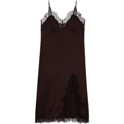 Vestido midi lencero con encaje y escote en v