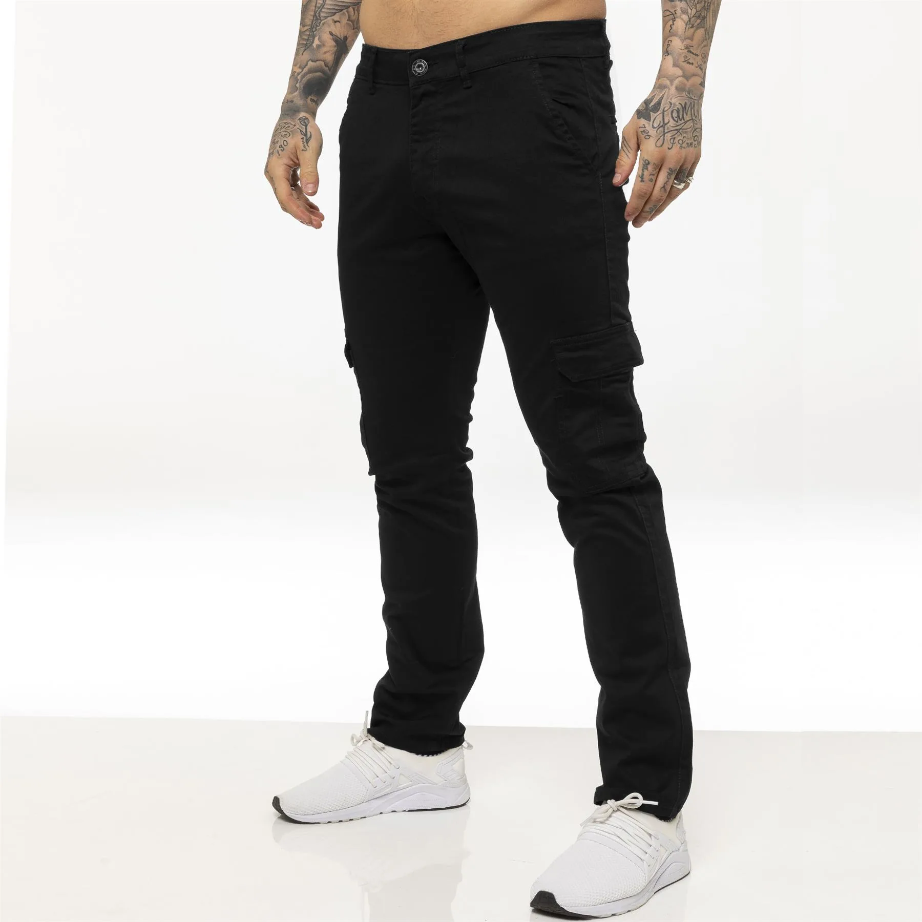 Mens Cargo Combat Chinos - Black Cotton - Size 28w/32l - Enzo - FashionsVida