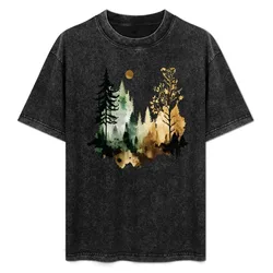 A Sepia Forest Under the Moon - Watercolor Trees and Leaves T-Shirt Basic Solid Tee for Daily Use