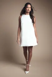 Bow Structured Satin Bridal Mini Dress - Ivory - Size: 8