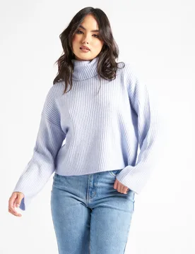 Womens Blue Crop Roll Neck Wide Rib Jumper - Size Small - Urban Bliss - FashionsVida
