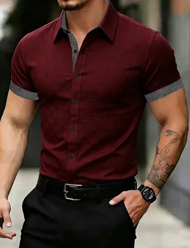 Camisa de manga corta con botones y patchwork casual de verano para hombre, formal - Shein - FashionsVida