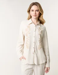 Linen Flower Embroidery Blouse - L / Linen - female
