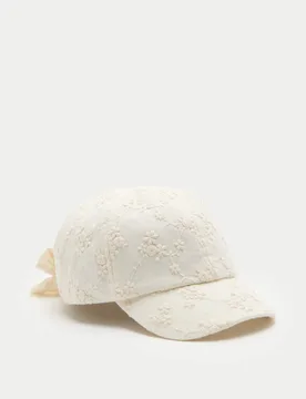 Kids' Pure Cotton Broderie Bow Back Cap (3-13 Yrs) Cream Female - M&S - FashionsVida