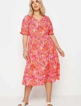 Abstract Print Midi Dress - Pink - Size: 26-28 - Yours - FashionsVida