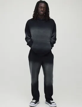 Mens Oversized Panel Wash Hooded Tracksuit - Black Cotton - Size Large - boohooMAN - FashionsVida