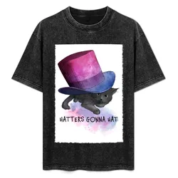 Top Hat cat with Bi-flag colours T-Shirt Casual Streetwear Short Sleeve Tee