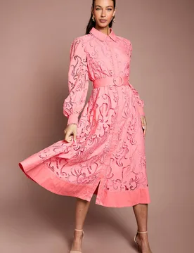 Embroidered Cutout Belted Shirt Dress - Coral - Size: 16 - Coast - FashionsVida