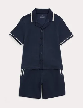 Piece Cotton Rich Textured Top & Bottom Outfit (2-10 Yrs) Navy male - M&S - FashionsVida