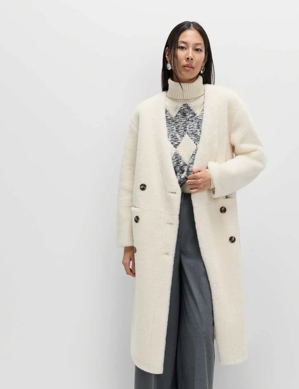 Borg Collarless Double Breasted Longline Coat Ivory female - M&S - FashionsVida