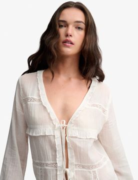 Superdry Damen Langärmliges Top mit Spitze und Bindedetail Vorne White - Größe: 42